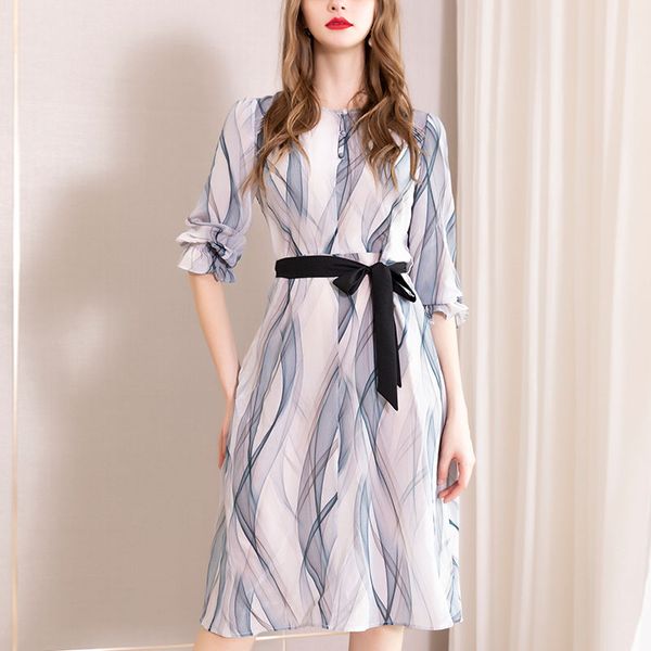 

2019 summer new printed silk dress long temperament mulberry silk a dress big high-end women's dress, Black;gray