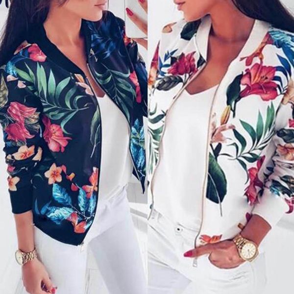 

8 colors women jackets flower floral print retro ladies zipper up short thin slim bomber jacket coats basic casual outerwear, Black;brown