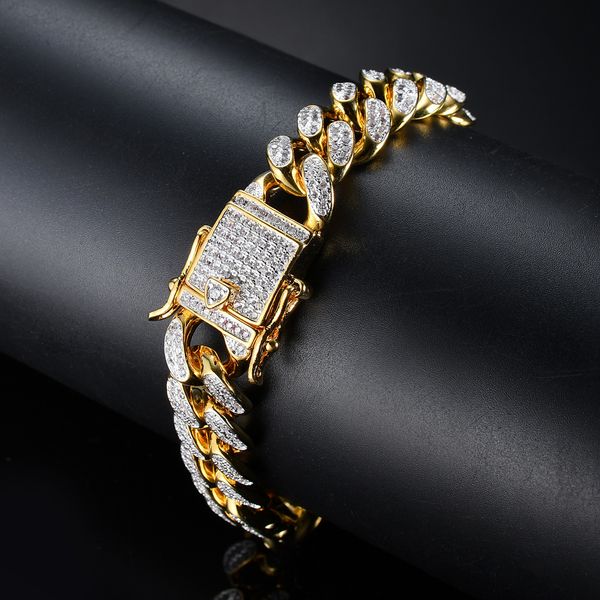 

brass iced out bling chain hip hop bracelet for men jewelry copper cz cuban bracelet 12mm 7inch 8inch 9inch, Black