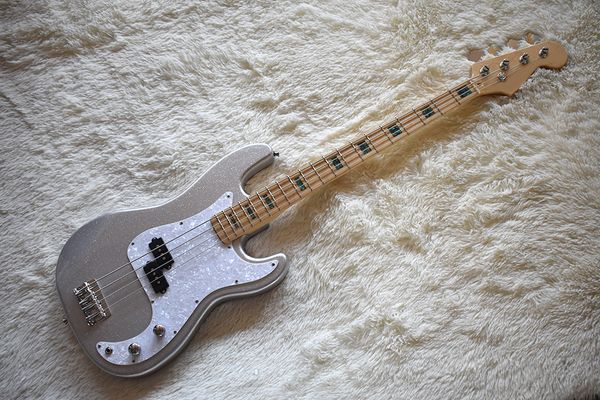 

factory custom silver shining electric bass guitar with abalone frets inlay,chrome hardware,white pearl pickguard,high quality