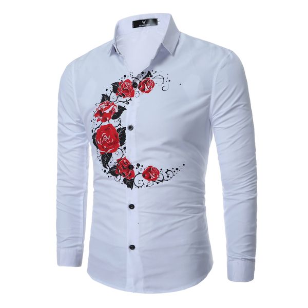 

fashion rose floral print mens shirts dress long sleeve shirt moon pattern casual mens shirt for mens clothing, White;black