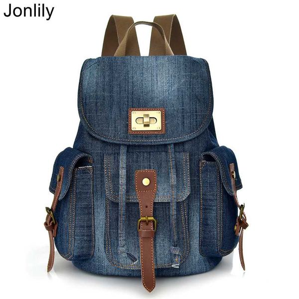 

jonlily women denim backpack vintage drawstring bag female fashion daypack teens school bag casual travel -kg386
