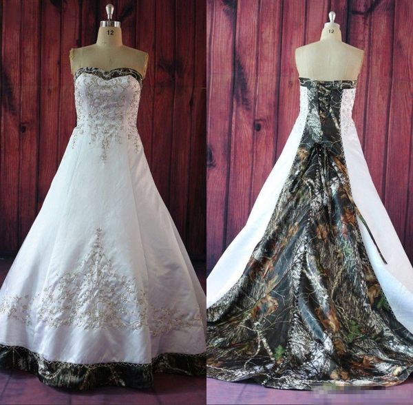 

real picture realtree camo wedding dresses 2019 a-line embroidery court train white satin lace-up elegant bridal gowns custom made