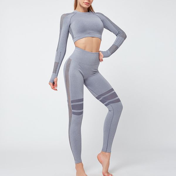 

2020 ins style seamless yoga sets knit elastic fitness sport wear women set two piece long sleeve shigh waist pants