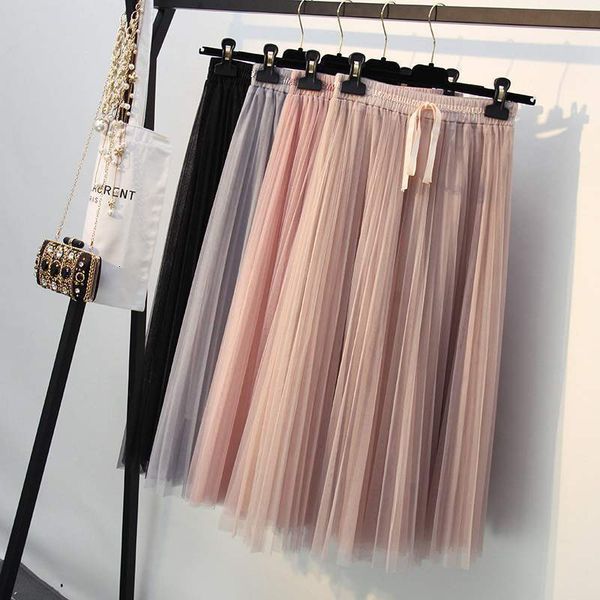 

tulle skirt women skirts spring 2019 summer chic high waist a line solid long three lyers mid calf pleated midi skirt female, Black