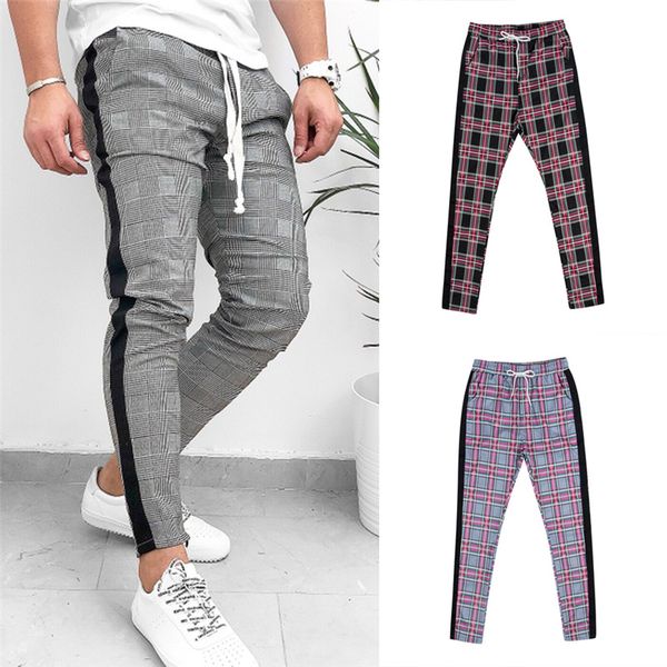 

men's pants 2021 summer men casual gym plaid tracksuit trousers bottoms skinny joggers sweatpants, Black