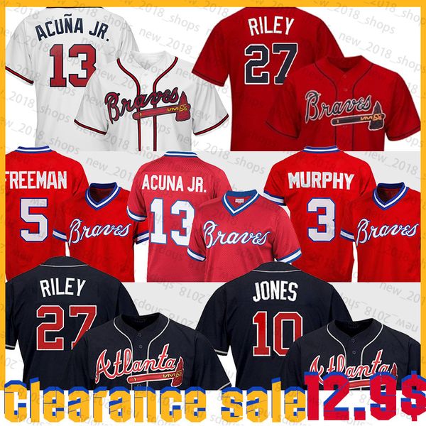 

atlanta ronald acuÃ±a jr braves jersey 27 austin riley 10 chipper jones 44 hank aaron 5 freddie an 7 dansby swanson 3 dale murphy, Blue;black