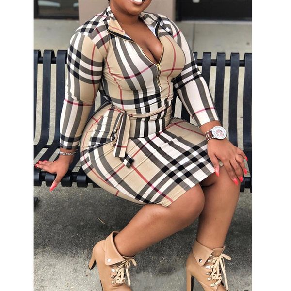 

2020 cross-border european and american fashion new women slim waist plaid lace dress package hip big yards, Black;gray