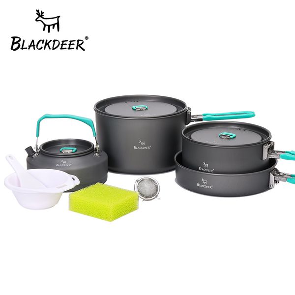 

blackdeer outdoor camping tableware set backpacking picnic 2 pot 1 frypan 1 kettle alumina durable cookware folding cooking set
