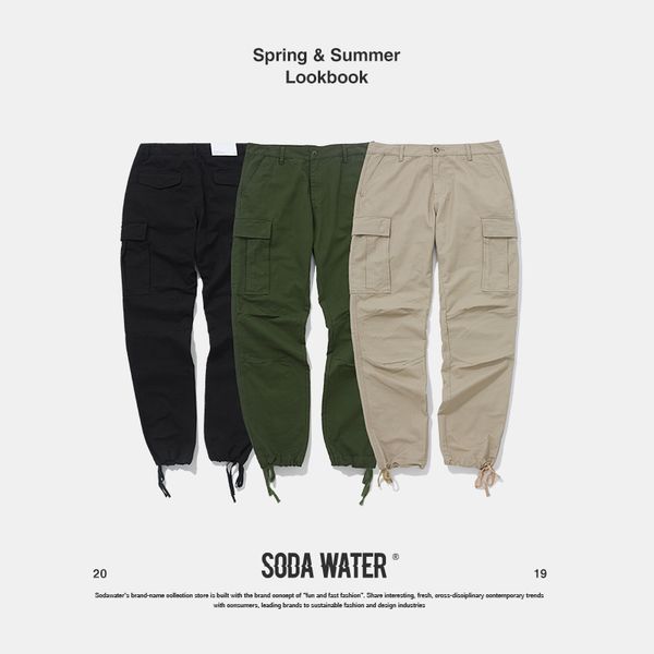 

soda water ankle drawstring cargo pants pocket casual pants fashion casual streetwear cotton trouser for male 9326s, Black