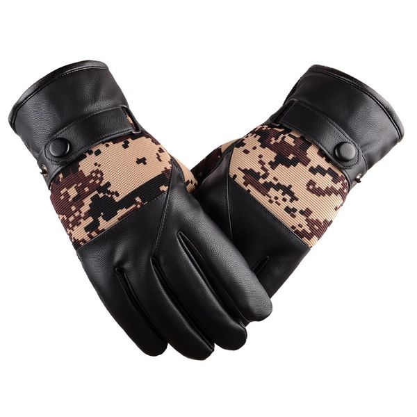 

winter gloves men thicken warm pu leather thermal mittens homme sreen touch gloves camo anti slip skiing mittens for men, Blue;gray