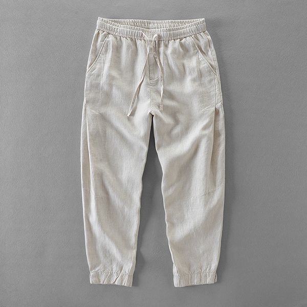 

new style italy brand pants men linen pure ankle-length fashion pants mens summer casual trousers men elastic waist pantalon, Black