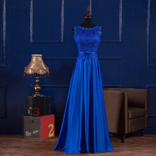 

royal blue burgundy 2019 new floor length bridesmaid dress lace up scoop neck lace satin evening dress long, Black;red