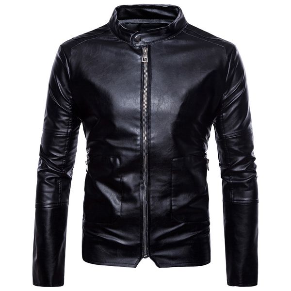 

men's leather spring cuff and waist zipper coat black leather jacket