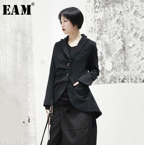 

eam] 2019 new spring lapel long sleeve black jacquard fold loose irregular hem jacket women coat fashion tide ji093, Black;brown