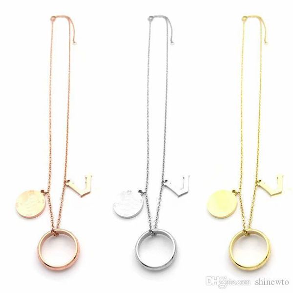 

новые прибытия моды lady 316l титана стали маркировочного 18k покрытием золото ожерелья с круглыми дисками письмо круг подвеска 3 цвет, Silver