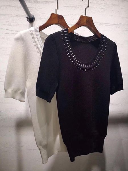 

2019 summer new women beading knitted sweater short sleeve 2 color ddxgz3, White;black