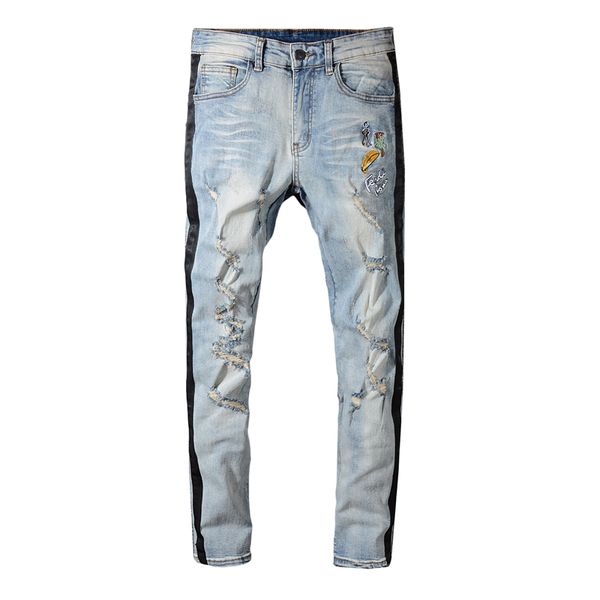 

2019 spring korean version slim jeans male striped retro shaved embroidery pants distressed ripped biker designer jeans hip hop size 28-40, Blue