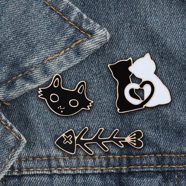 

shshd cartoon black white cat fish bone brooch animal enamel pins for women men shirts lapel pin badge couple jewelry lover gift zgjzg, Black;gray