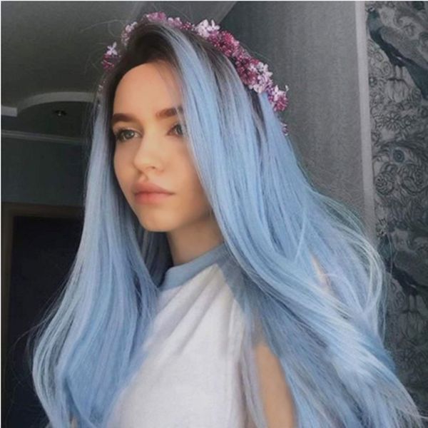 Nature Color Dark Root Ombre Pastel Blue Long Nature Wave Heat