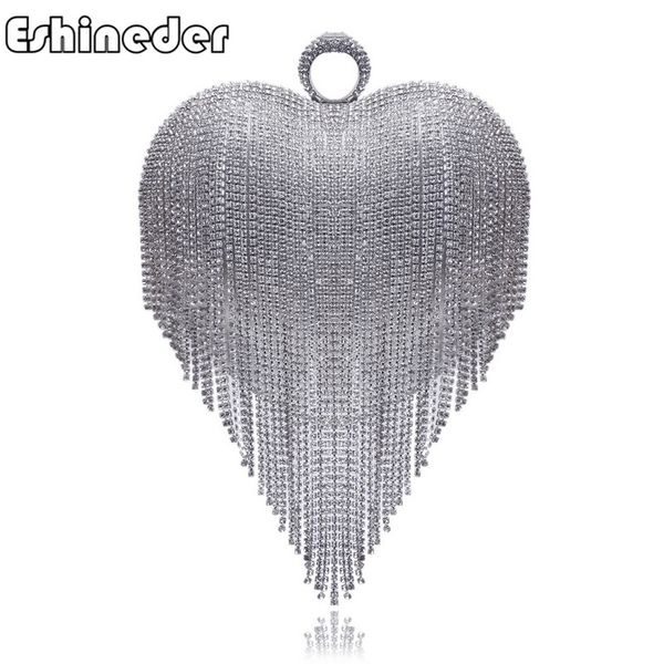 

women heart design tassel rhinestones clutches crystal finger ring chain shoulder handbags for party wedding bridal purse