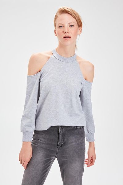 

trendyol gray cut outlu knitted sweatshirt twoaw20sw0077, Black
