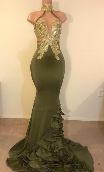 

sell dark green mermaid prom dresses halter neck gold appliques backless satin long evening gowns stretchy vestidos, Black