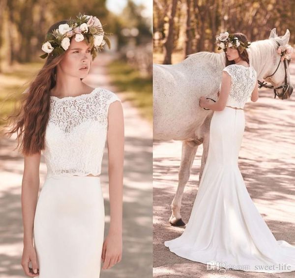 

2020 modest two pieces lace mermaid wedding dresses sweep train crop wedding dress country beach bridal gown, White
