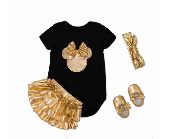 4pcs Set für Baby Golden Cloding Sets ROMPER+PP Shorts+Stirnband+Schuhe Neugeborene Anzug Kinderkleidung Kleinkind Outfit