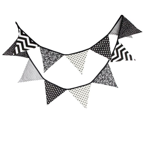 

3.2m garlands fabric triangle flags double sided vintage cloth shabby chic decoration for birthday parties ceremonies(black and white) s1