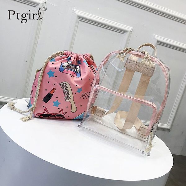 

2 in 1 backpack women cute clear mini female backpack transparent school bag for girls teenagers zipper and drawstring bag sac