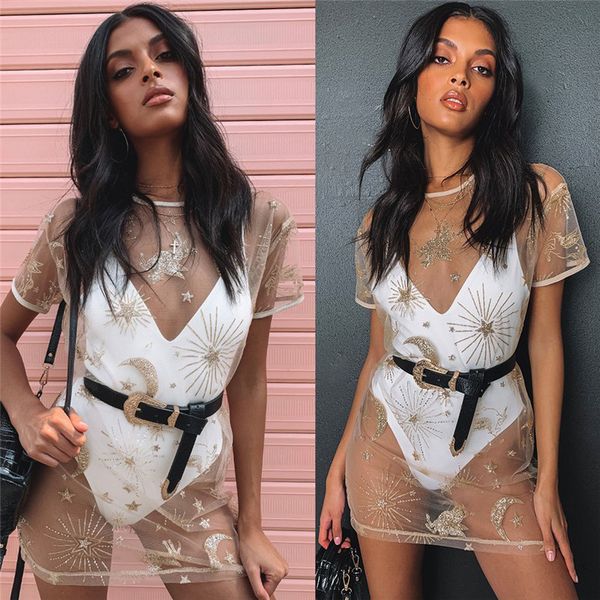 

women summer beach dress loose star print sequins bikini cover up mesh see through short sleeve mini dress vestido, Black;gray