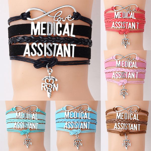 

2019 medical assistant nurse bracelets rn letter charm braided leather rope wrap bangle for women fashion jewelry nurse's day gift, Golden;silver