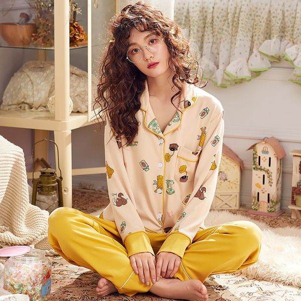 

women's pajamas new products cotton long sleeve spring and autumn cardigan women's cotton lapel pajamas home service, Blue;gray