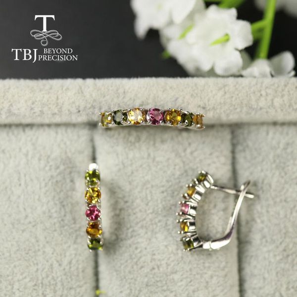 

tbj natural tourmaline jewelry set small size round 3mm ring earring natural brazil toumaline ring earring 925 sterling silver, Black
