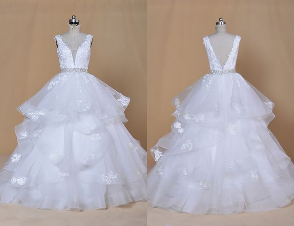 

graceful ball gown v neck back wedding dresses ruffles tulle applique new arrival real p wedding bridal gowns long beading, White