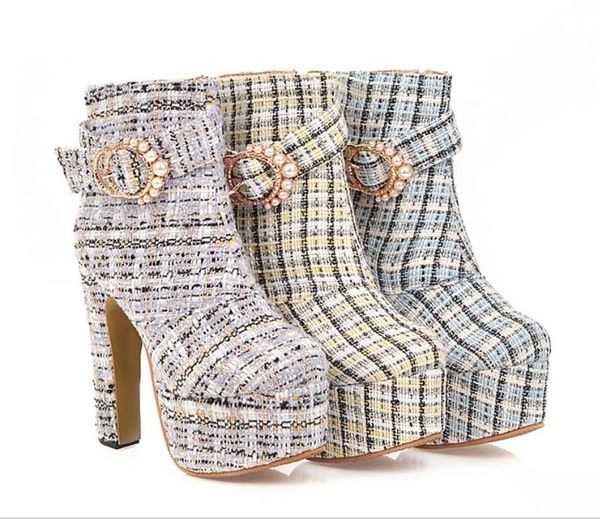 

us4-13 womens platform mixed colors ankle boots belt beads buckle block super high heel 14cm shoes plus size 3color a1695, Black