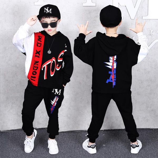 

children's clothing casual boys spring and autumn hooded sweater pants baby fashion sports suit hip hop trend coat shirt two-piece, White