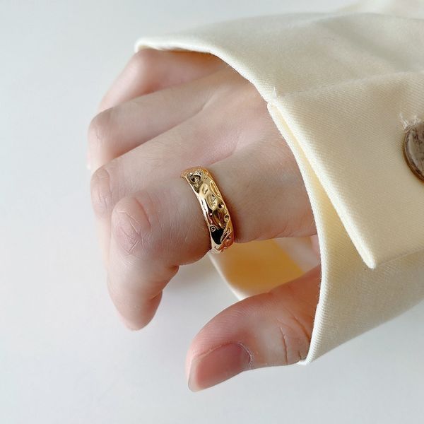 

silvology 925 sterling silver irregular texture wide rings tinfoil design elegant open rings for women minimalist office jewelry, Golden;silver