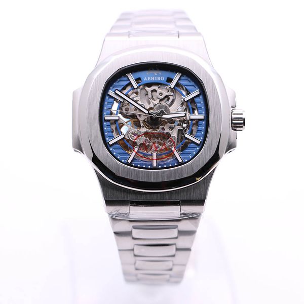 

высокое качество aehibo марка автоматическая овал синий скелет циферблат 42mm luminous мужские часы сапфир full steel watch transparent нару, Slivery;brown