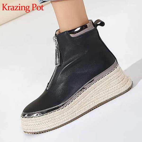 

krazing pot 2020 cow leather round toe straw bottom platform boots wedges luxury zipper decoration preppy style ankle boots l27, Black