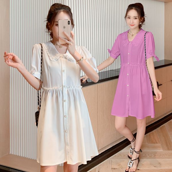 

maternity dresses 9135# clothes summer nursing turn down collar chiffon short sleeve loose stylish dress for pregnant women mom, White