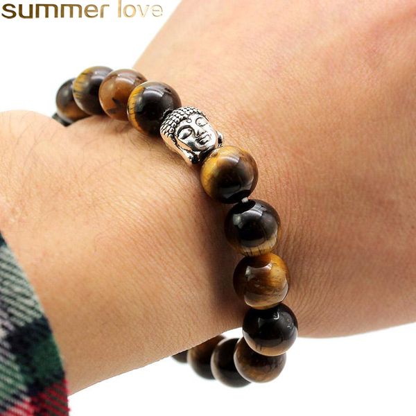 

10mm natural stone beads bracelets tiger eye buddha head men bracelets prayer lava round beads elasticity rope bracelet for women jewelry, Black
