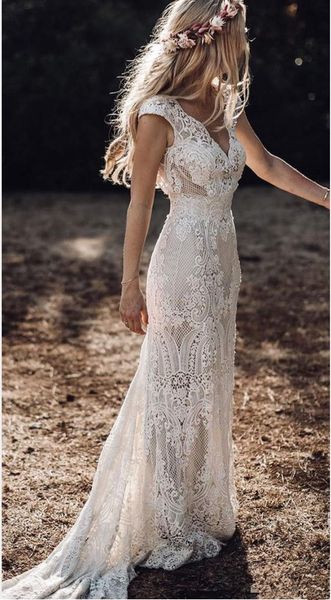 

vintage 2020 berta full lace mermaid wedding dresses v neck cap sleeve bridal gowns bohemian beach garden custom made vestido de novia, White