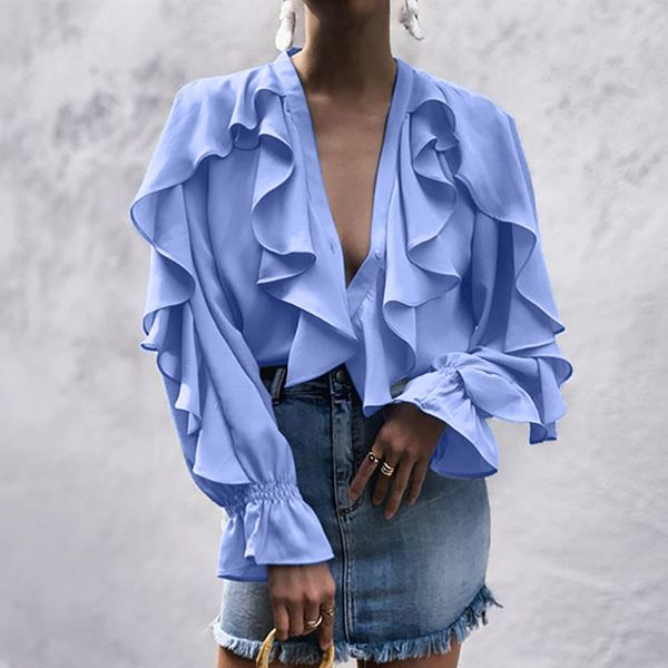 

women sweet ruffled chiffon blouses deep v-neck long sleeve cute female casual fashion blue shirt stylish blusas, White