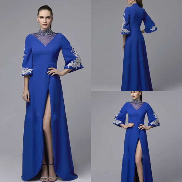 

2020 modest high neck half sleeve front split a line evening dresses lace beaded sequins crystal formal dresses sweep train party gowns, Black;red