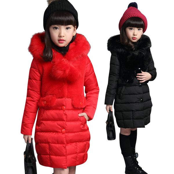 

girl down coat solid fur winter coat hoodies fur collar cotton padded coats girls children thickening warm jackets clothes, Blue;gray