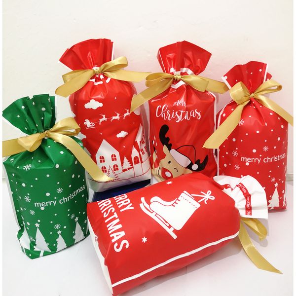 13 teste padrão Natal PE Drawstring Saco Doces Doces Biscoito com Presente de Mão Gravata Vaca Bolo Floco de Neve De Neve Neve Packaging Bag 15x23cm