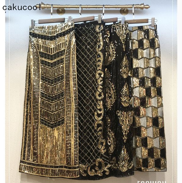 

cakucool ретро черный sequined x длинные юбки vintage бисероплетение юбка-карандаш высокой талией золотой silm bodycon runway назад щелевая, Black
