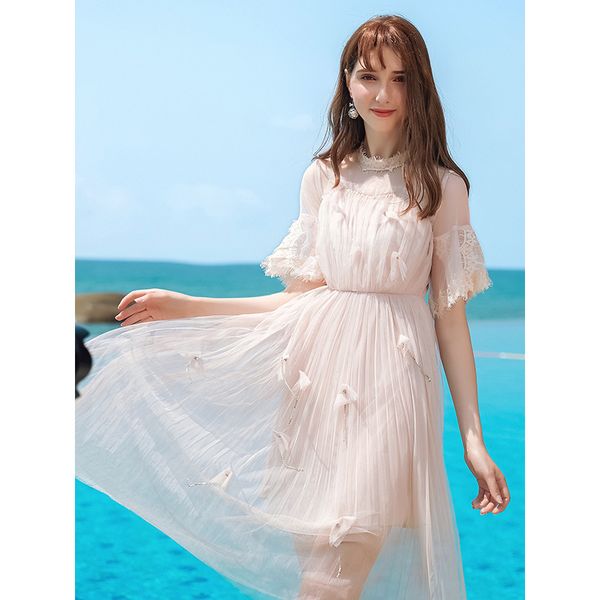 

casual dresses the summer 2021 pleated gauze dress is 69175, Black;gray